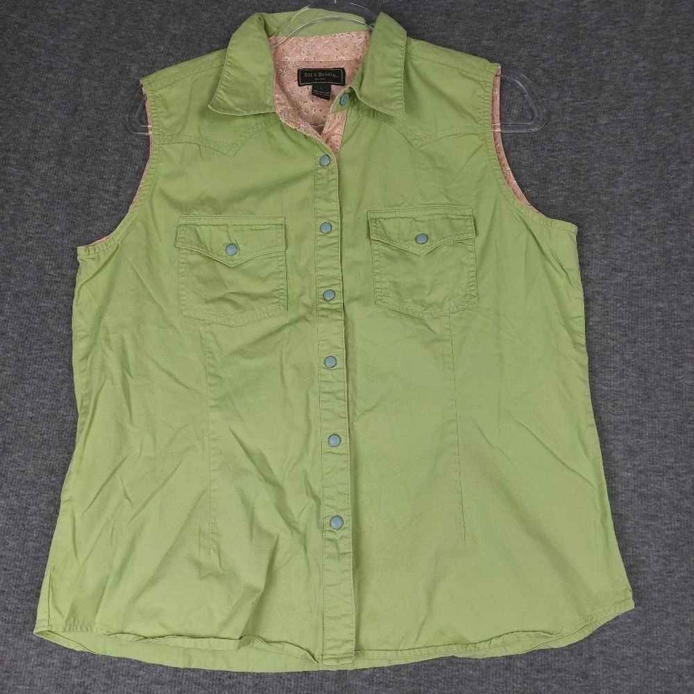 BIT & BRIDLE WOMENS GREEN SLEEVELESS 100% COTTON PEARL SNAP WESTERN SHIRT SIZE L